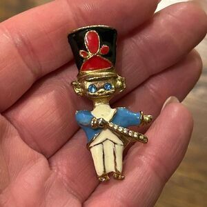 Little Drummer Boy Enamel Brass CZ Drum Major 1.9” Mid Century Holiday Brooch
